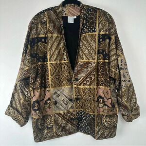 Together! Women’s Vintage Jacket Size XL Brown Gold Art To Wear Boho Maximalist
